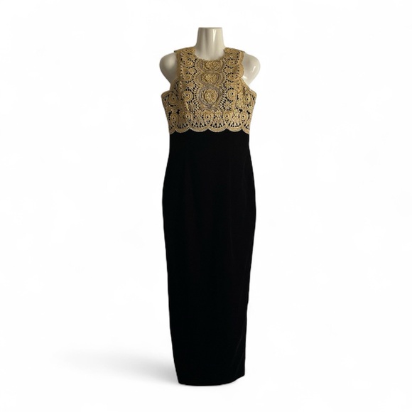 Jessica McClintock Black Dress with Gold Lace Overlay - coffeafoods.com Jessica McClintock Black Dress with Gold Lace Overlay - coffeafoods.com
